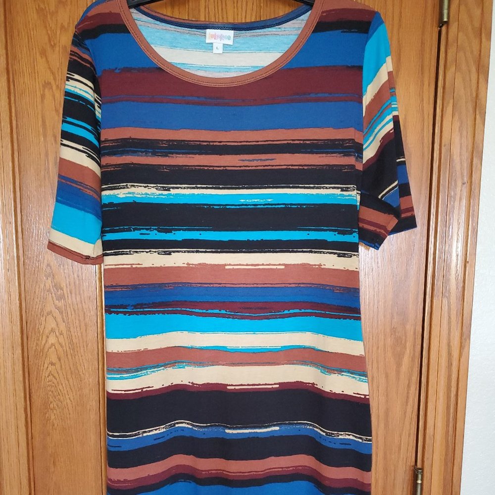 LuLaRoe striped JULIA dress, Brown, tan and blue, Size Large